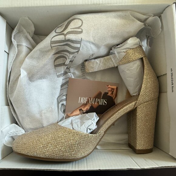 DREAM PAIRS Women’s Gold Glitter Block Heel Ankle Strap Pumps – Size 8 - Picture 3 of 7